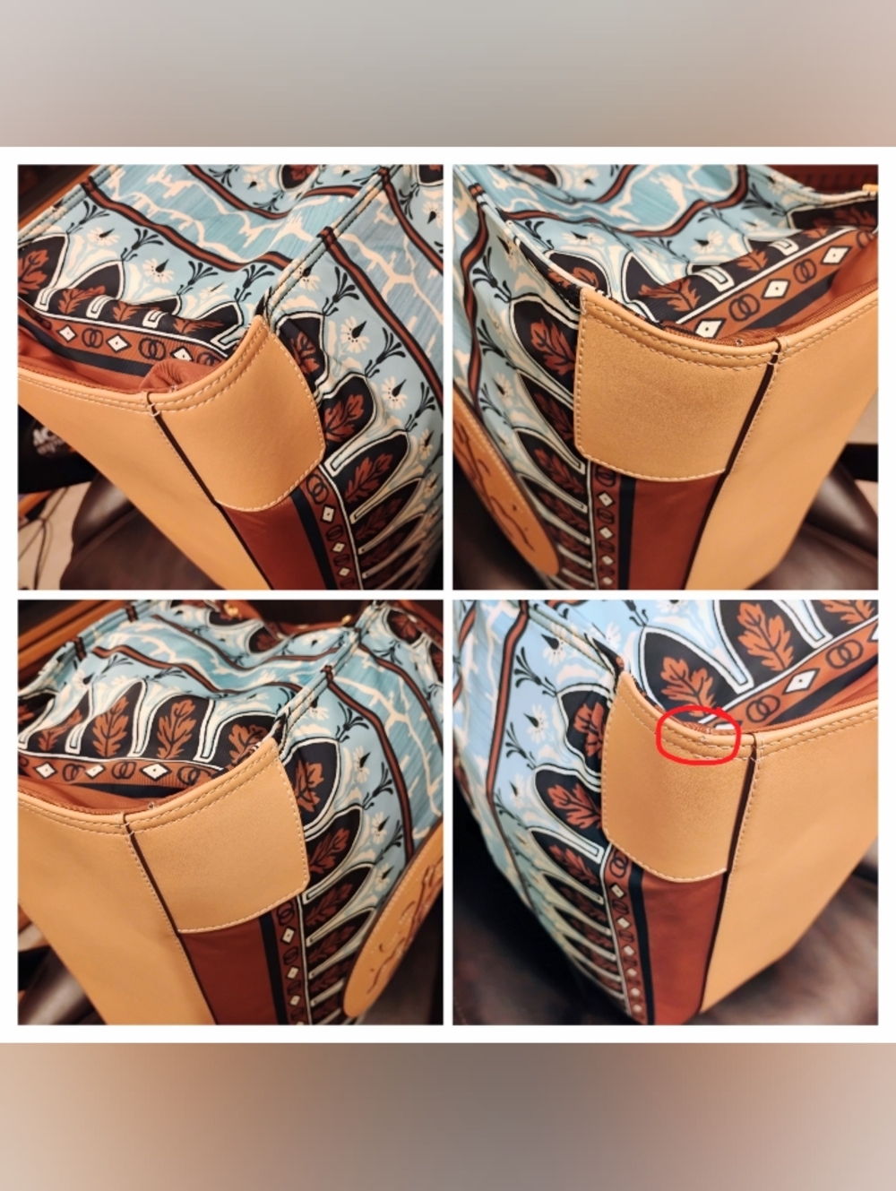 LIKE NEW Tory Burch Large Ella Tote - Tan Trim w/Aqua, Navy, Brown Pattern - Picture 10 of 15
